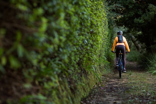 Female biker cycling in countryside forest